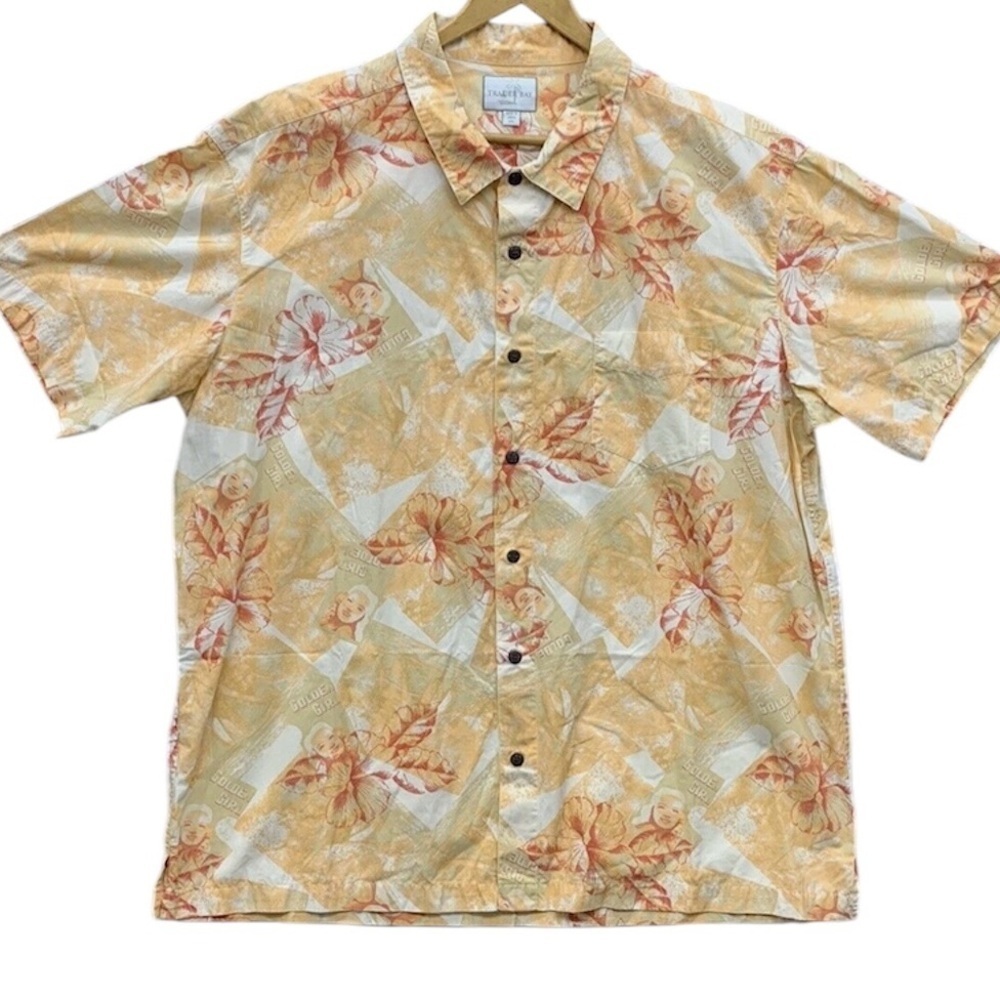 Trader Bay Mens Hawaiian Golden Girl Yellow Button Down Shirt Size XXL Vintage